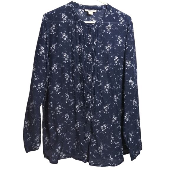 Coldwater Creek Floral Navy Silk Pintuck Women's Button Up Blouse Top Sz 16/18W - Picture 1 of 8